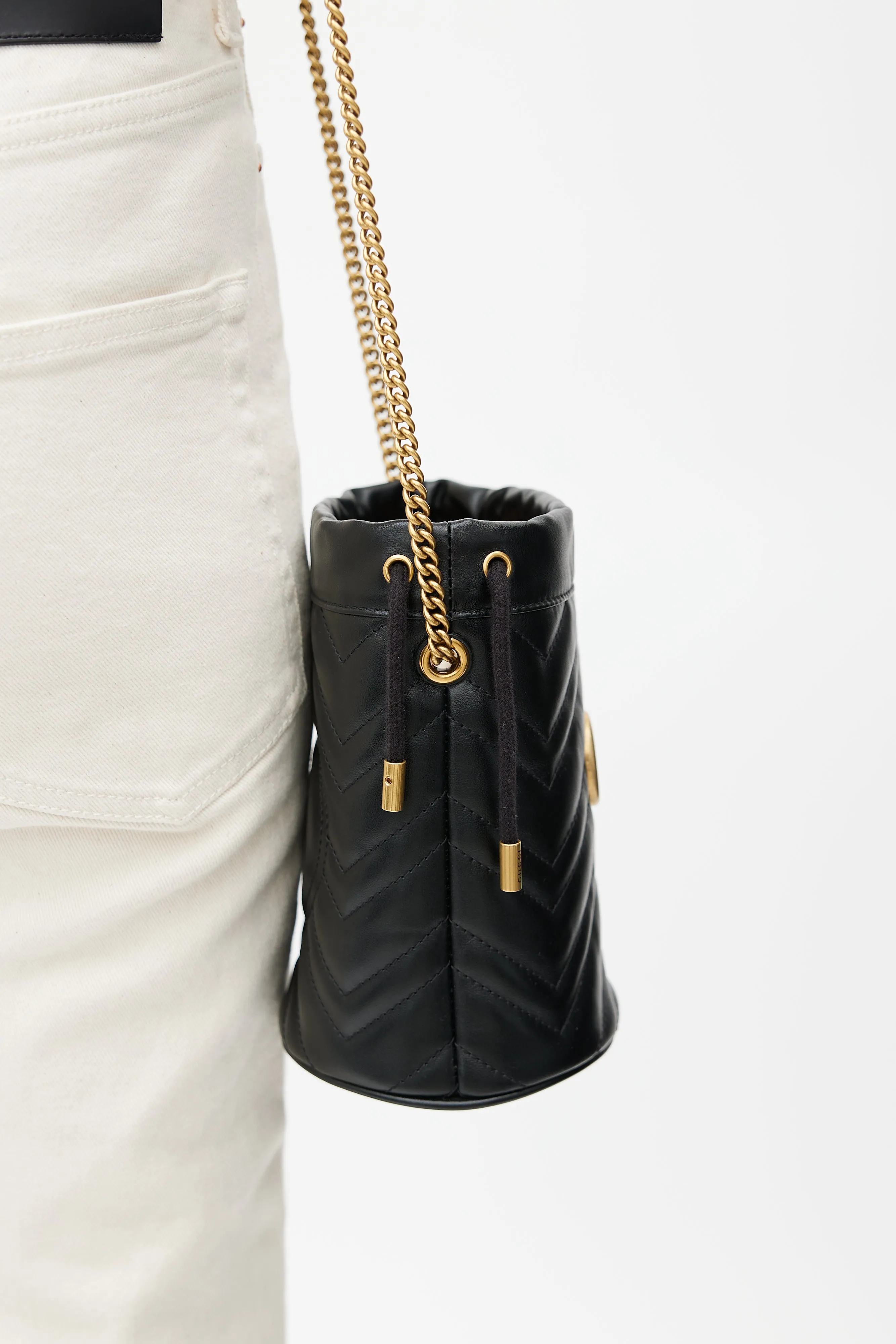 Black & Gold GG Marmont Leather Bucket Bag