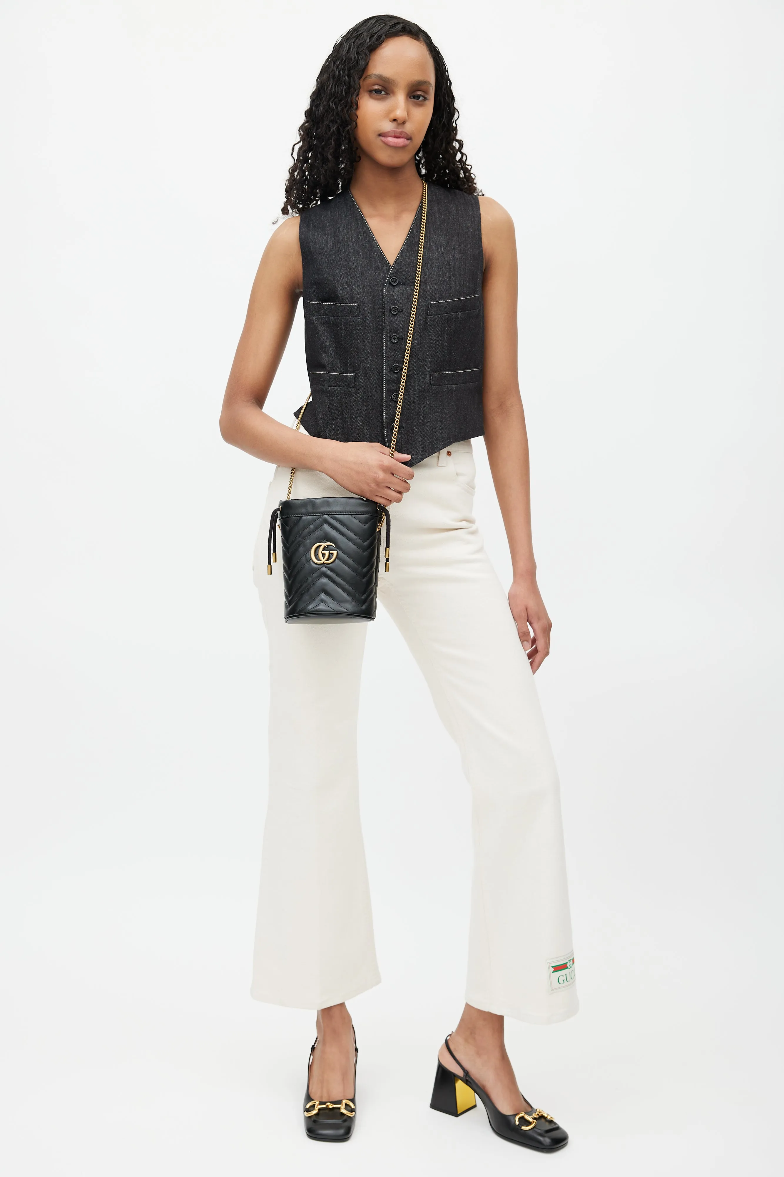 Black & Gold GG Marmont Leather Bucket Bag
