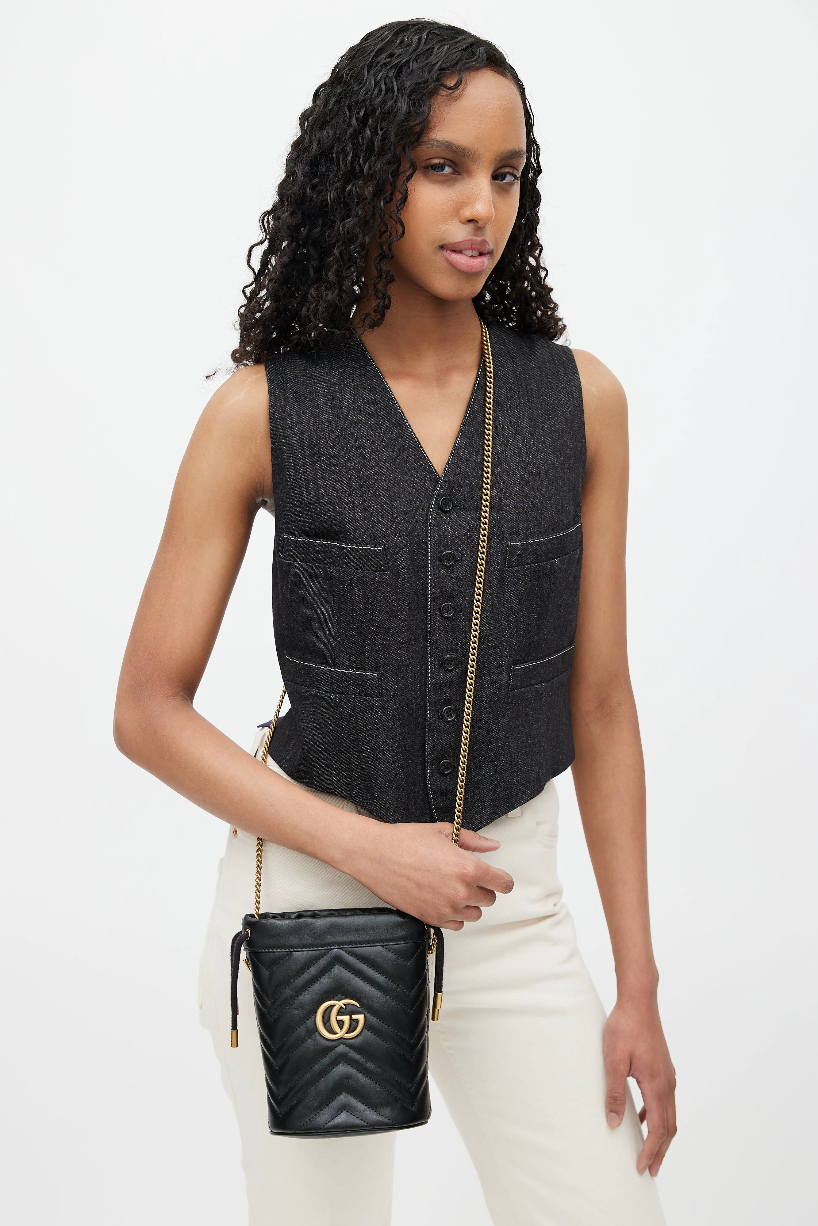 Black & Gold GG Marmont Leather Bucket Bag