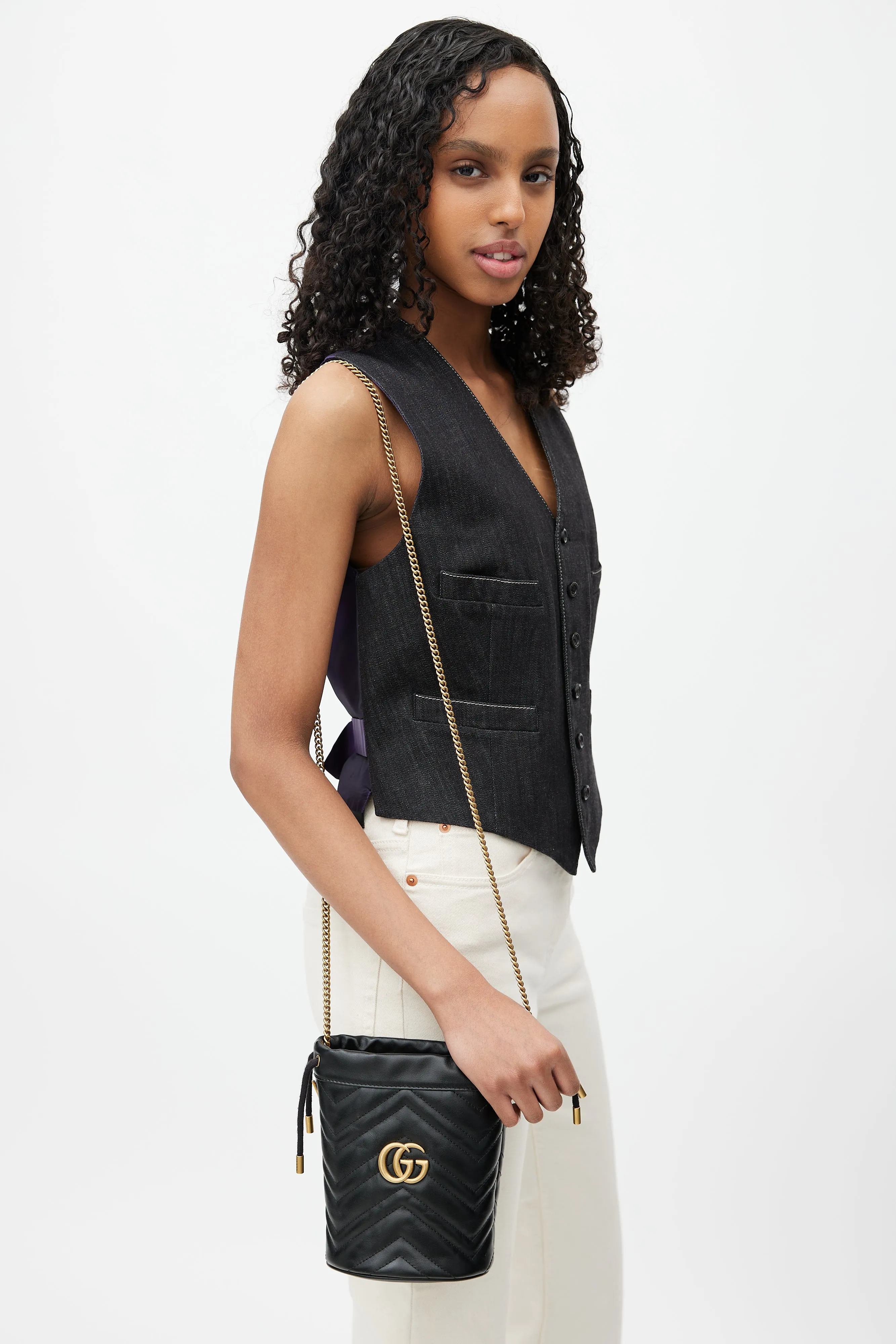 Black & Gold GG Marmont Leather Bucket Bag