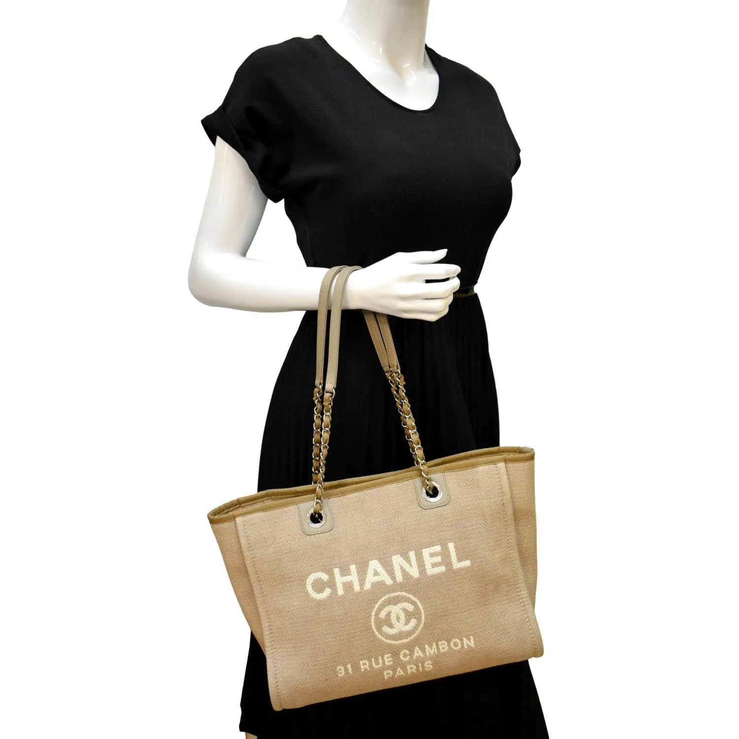 CHANEL Deauville Canvas Tote Bag Beige