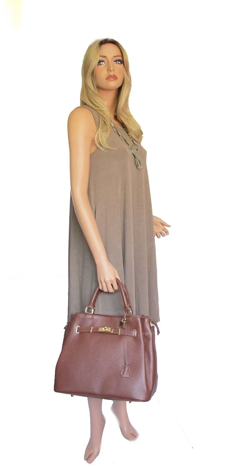 Coffee Brown Leather Handbag Detach Shoulder Strap Padlock Handmade In Italy