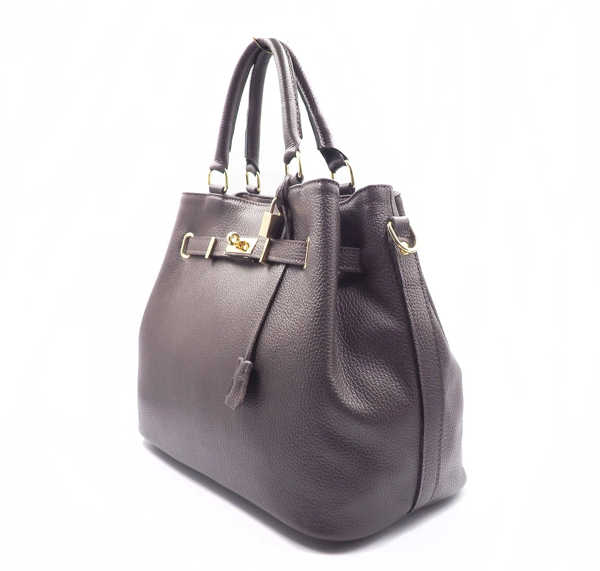 Coffee Brown Leather Handbag Detach Shoulder Strap Padlock Handmade In Italy