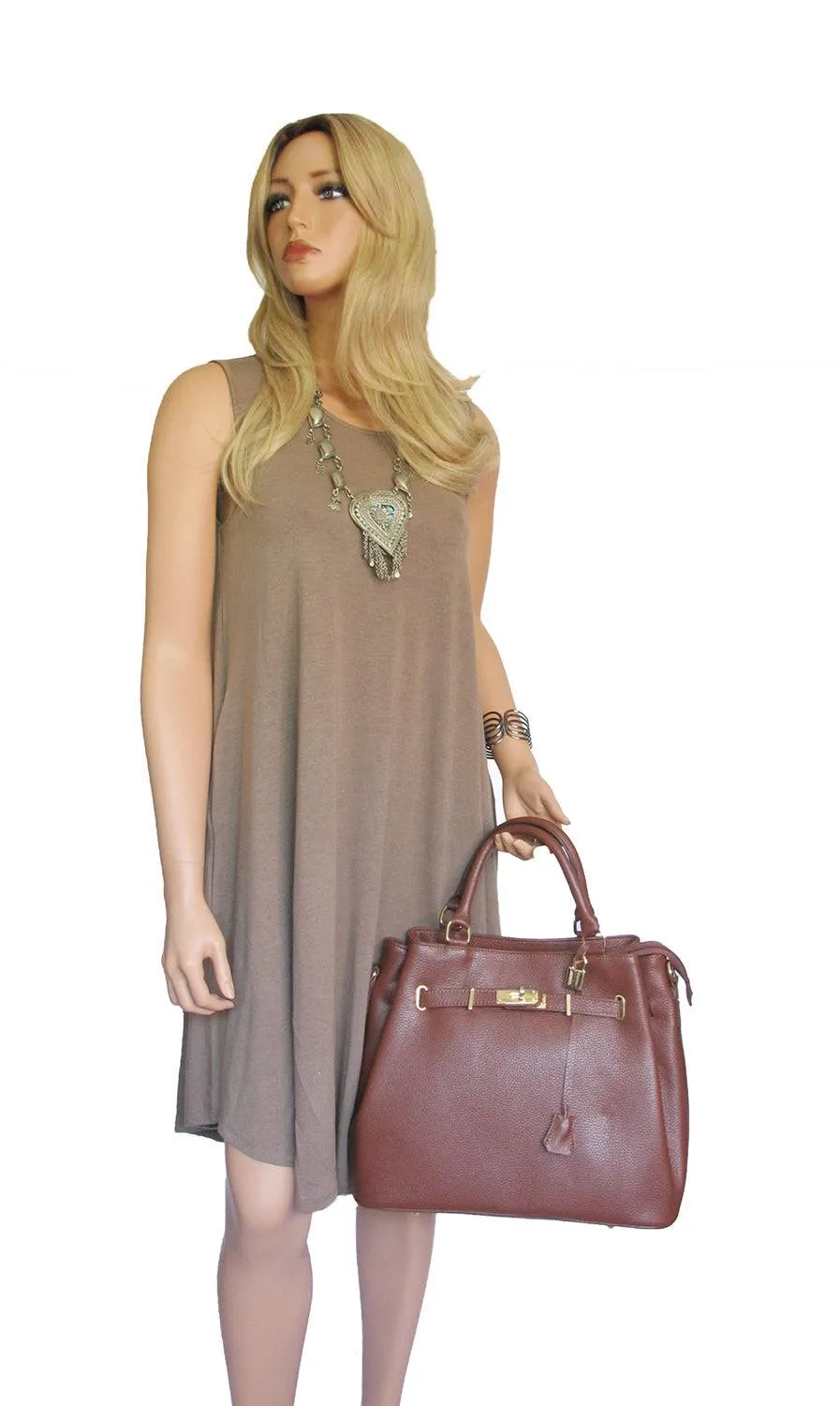 Coffee Brown Leather Handbag Detach Shoulder Strap Padlock Handmade In Italy
