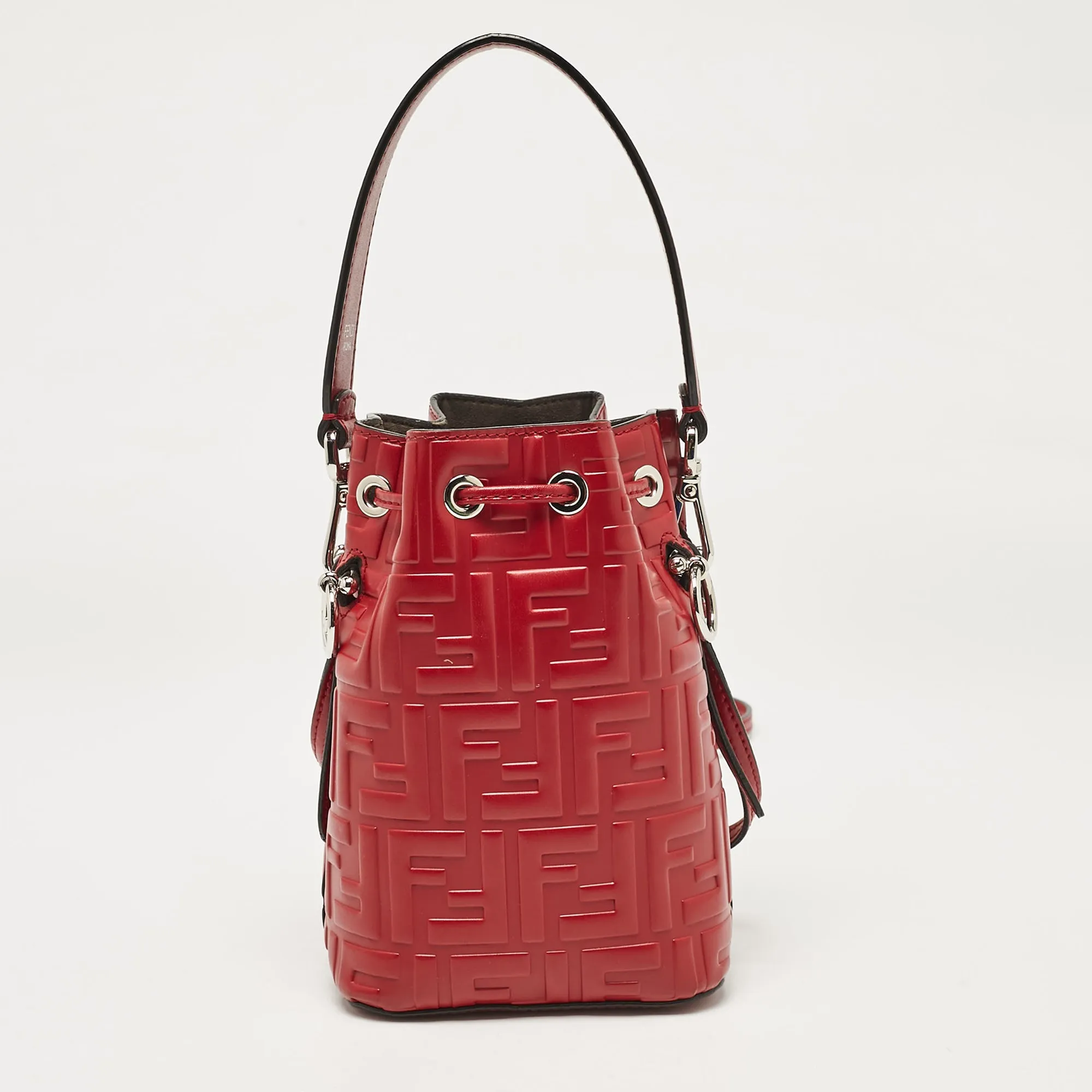 Fendi Red Zucca Leather Mini Mon Tresor Drawstring Bucket Bag