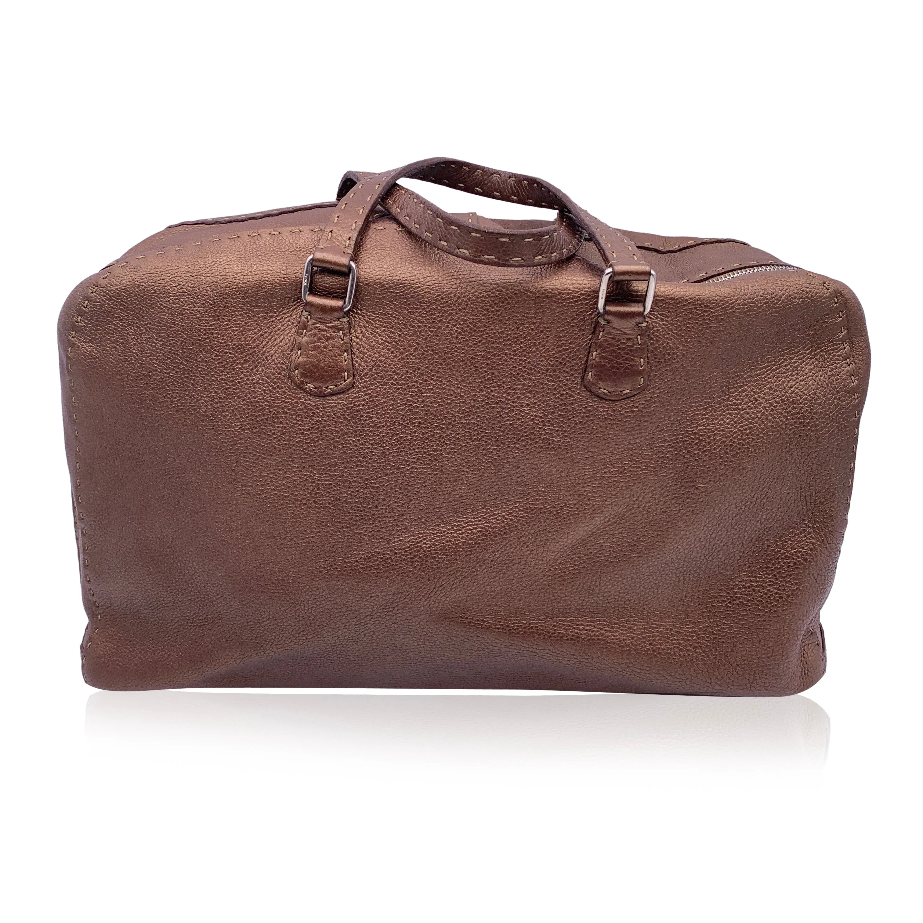 Fendi Selleria Brown Metallic Leather Weekender Bag Satchel