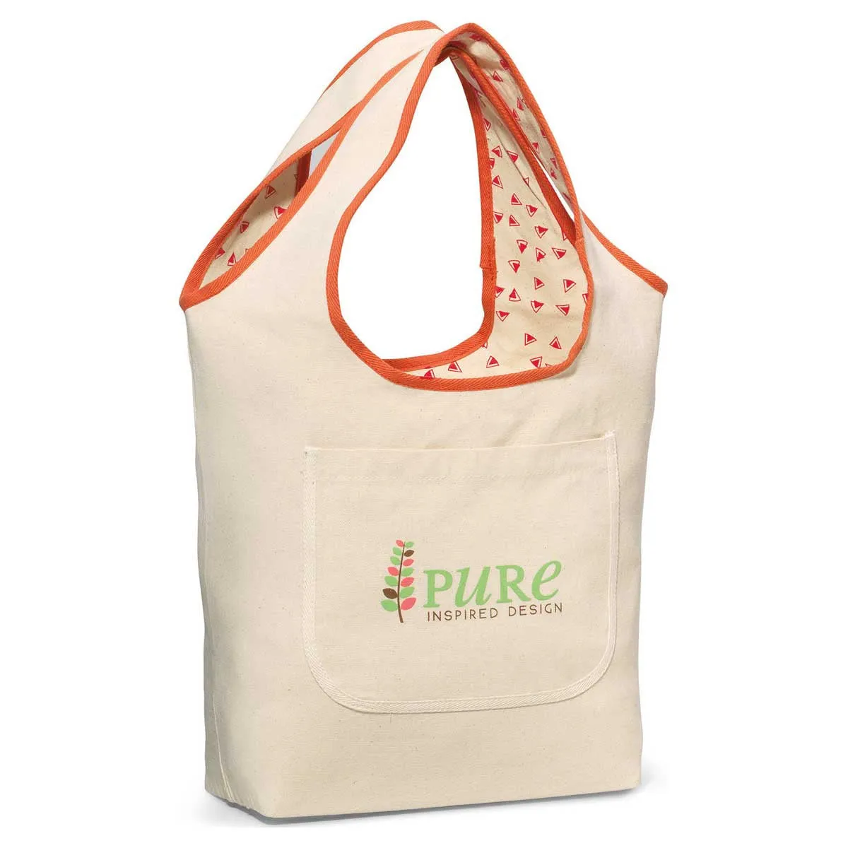 Gemline Natural/Coral Watermelon Pattern Reversible Cotton Tote