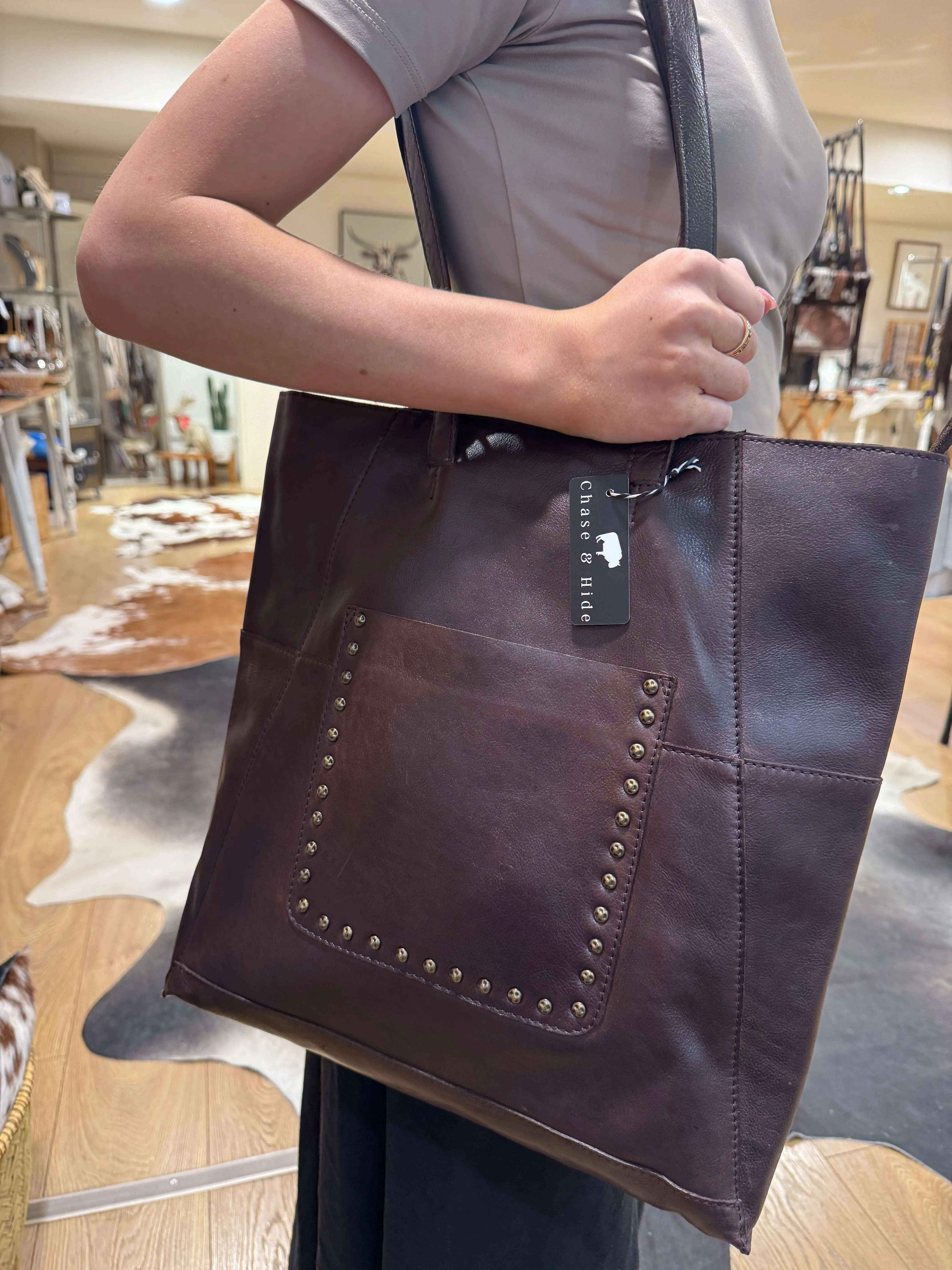 Leather Gold Stud Handbag #7836
