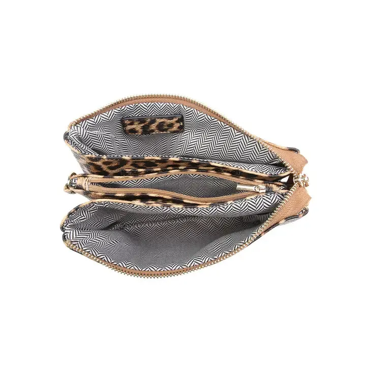 Riley ~ 3 Compartment Crossbody/Wristlet -Leopard-Mustard