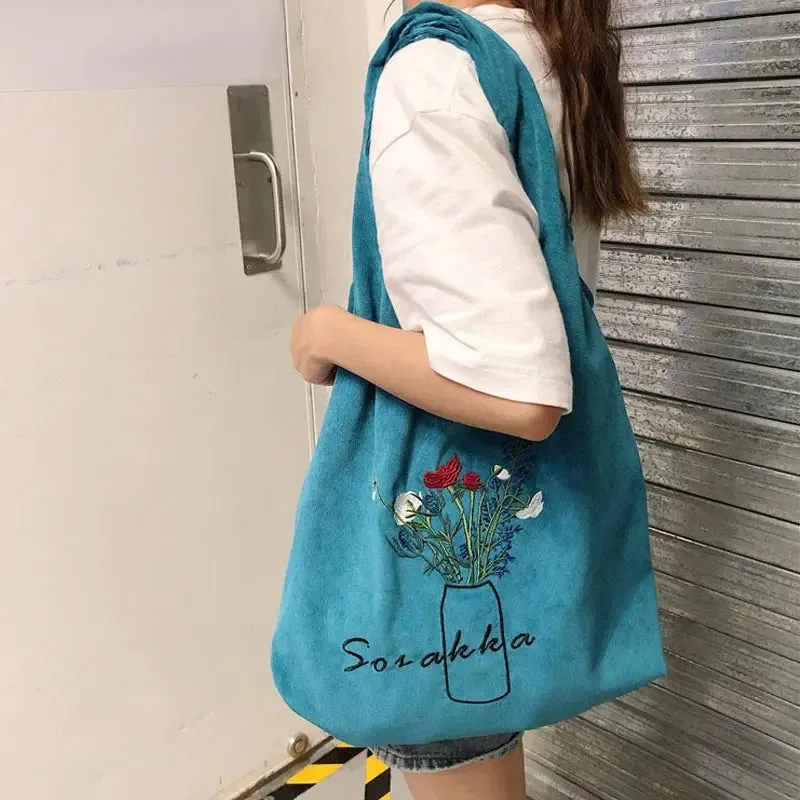 UAKISS  -  Women Corduroy Shopping Bag Female Canvas Cloth Shoulder Bags Storage Flowers Handbag Reusable Foldable Eco Grocery Totes