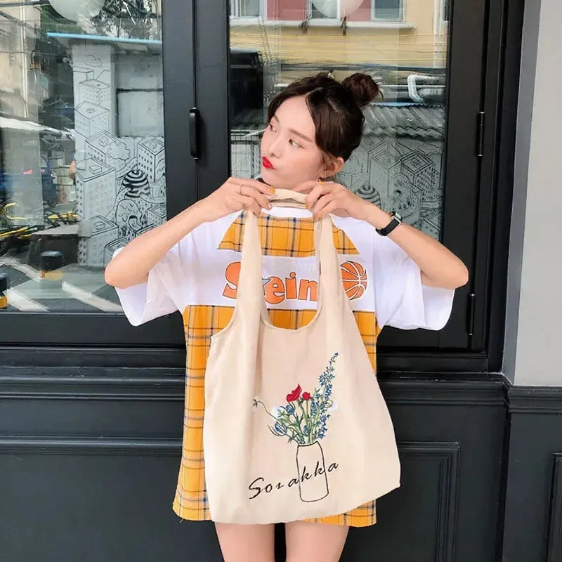UAKISS  -  Women Corduroy Shopping Bag Female Canvas Cloth Shoulder Bags Storage Flowers Handbag Reusable Foldable Eco Grocery Totes