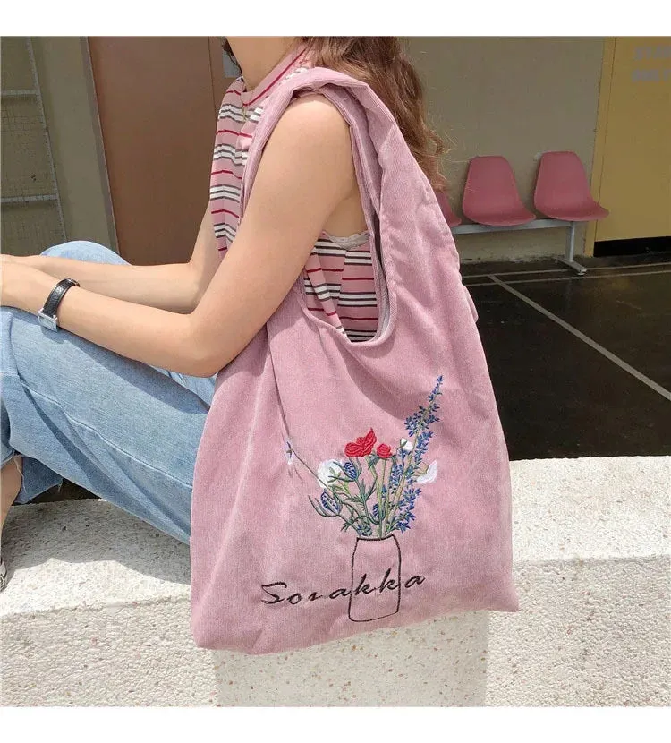 UAKISS  -  Women Corduroy Shopping Bag Female Canvas Cloth Shoulder Bags Storage Flowers Handbag Reusable Foldable Eco Grocery Totes