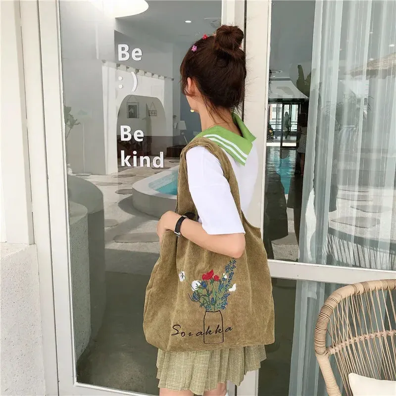 UAKISS  -  Women Corduroy Shopping Bag Female Canvas Cloth Shoulder Bags Storage Flowers Handbag Reusable Foldable Eco Grocery Totes