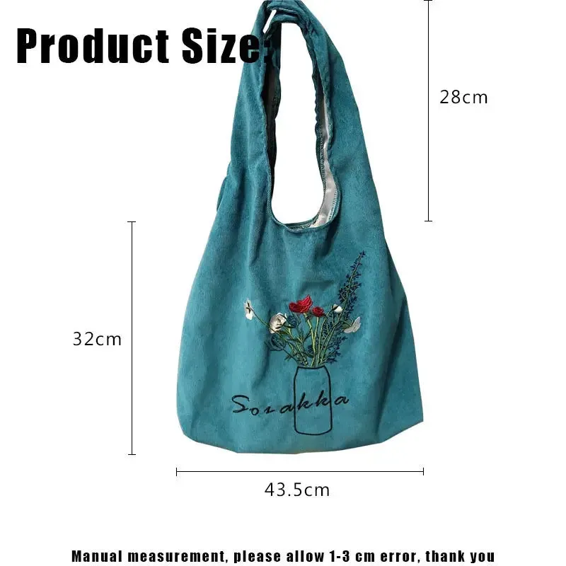UAKISS  -  Women Corduroy Shopping Bag Female Canvas Cloth Shoulder Bags Storage Flowers Handbag Reusable Foldable Eco Grocery Totes