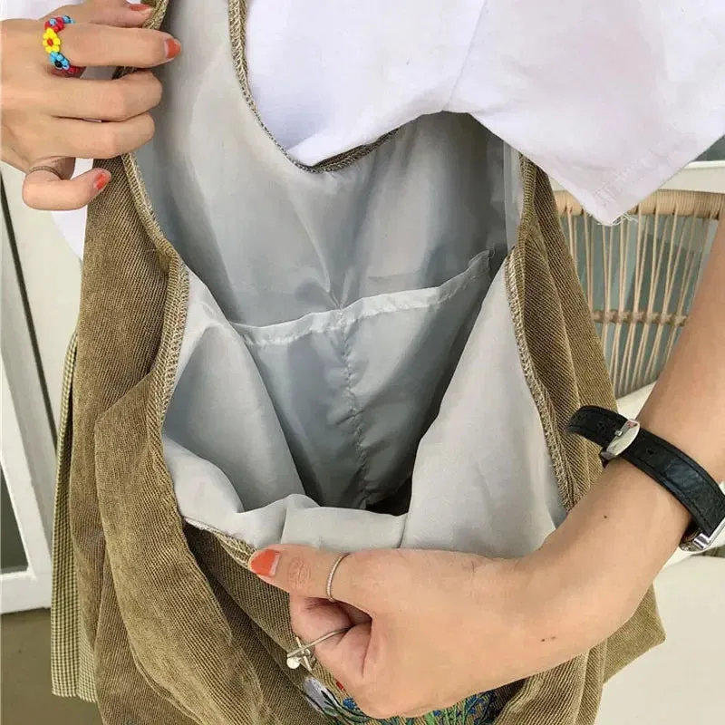 UAKISS  -  Women Corduroy Shopping Bag Female Canvas Cloth Shoulder Bags Storage Flowers Handbag Reusable Foldable Eco Grocery Totes