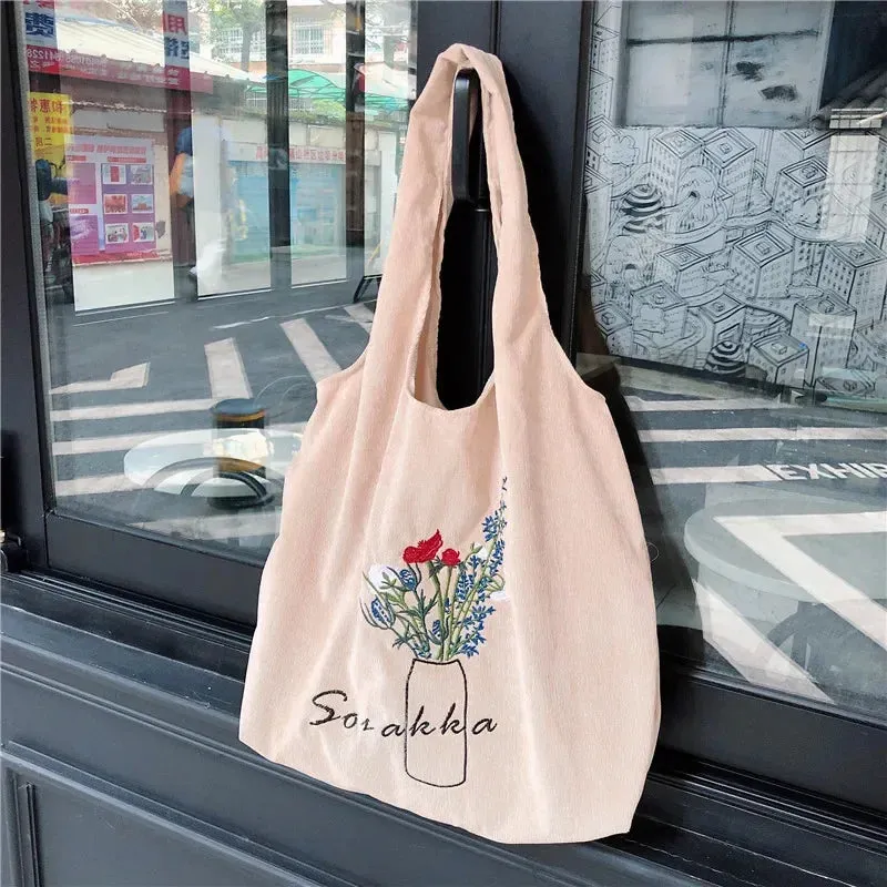 UAKISS  -  Women Corduroy Shopping Bag Female Canvas Cloth Shoulder Bags Storage Flowers Handbag Reusable Foldable Eco Grocery Totes