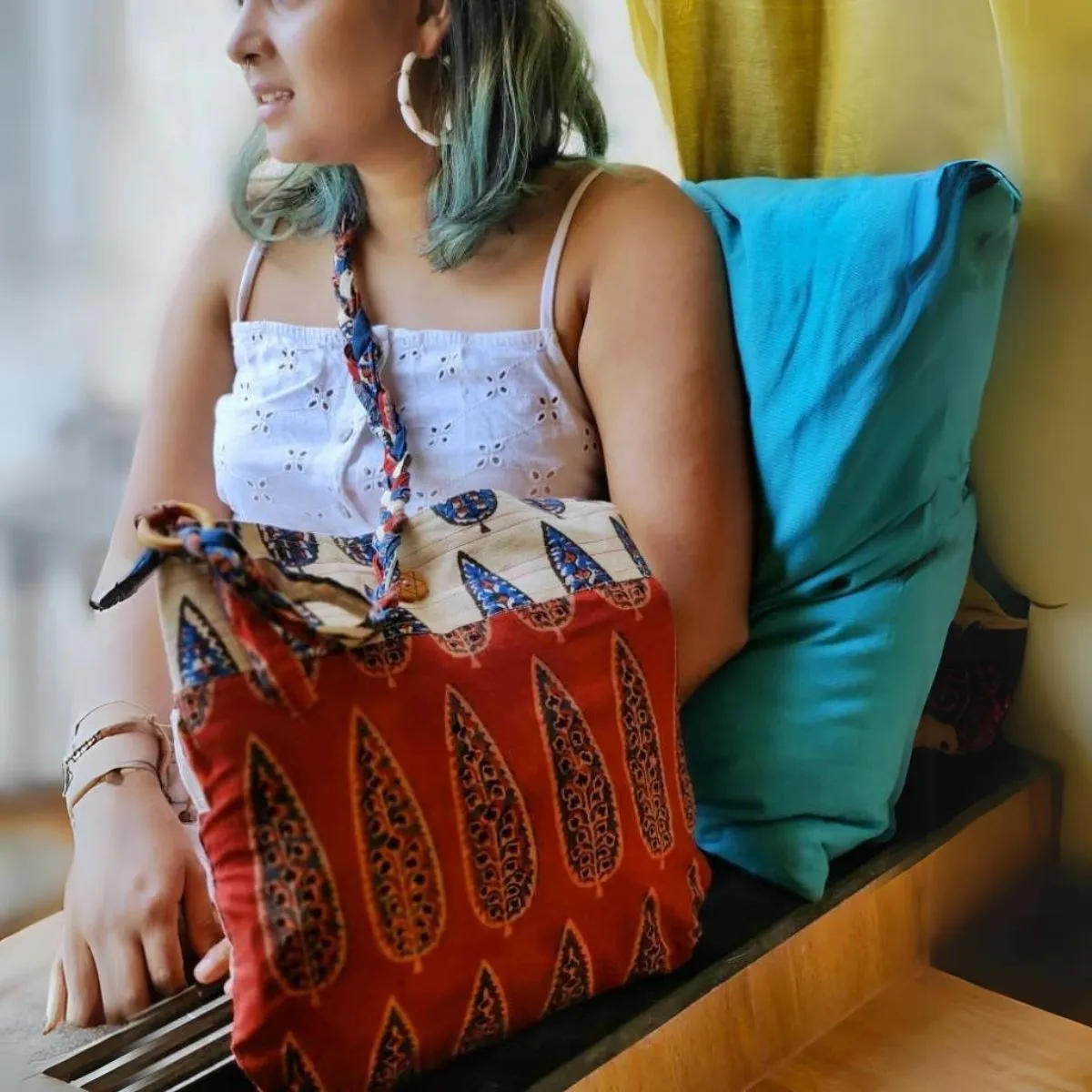 Women Sling Bag | Block Printed Cotton | Ethnic Look | Maroon And Off-White