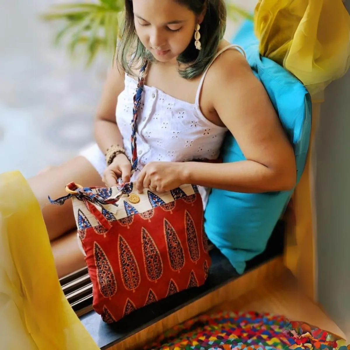Women Sling Bag | Block Printed Cotton | Ethnic Look | Maroon And Off-White