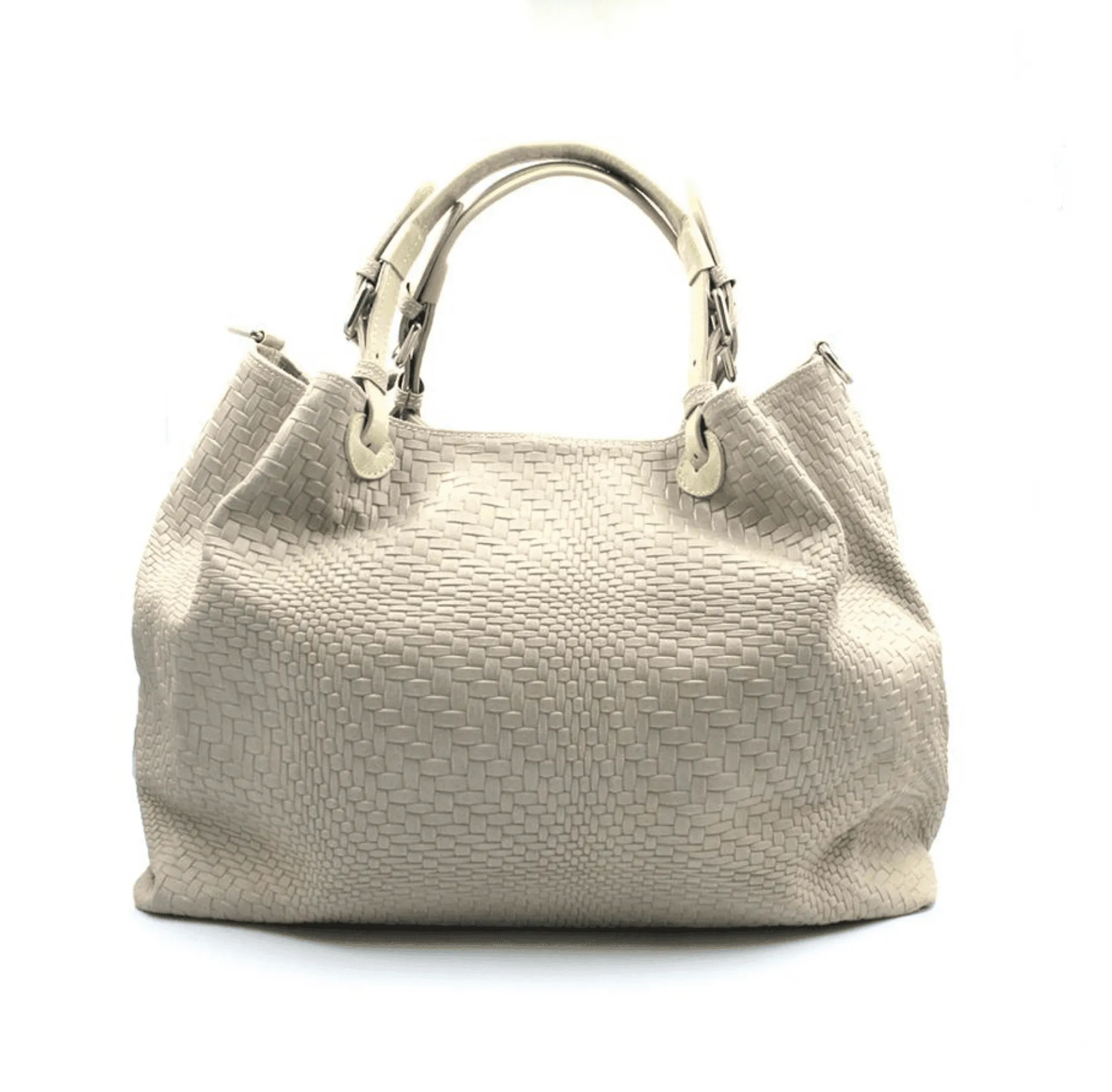 Woven Braided Pattern Cream Leather Large Handbag Handmade In Italy