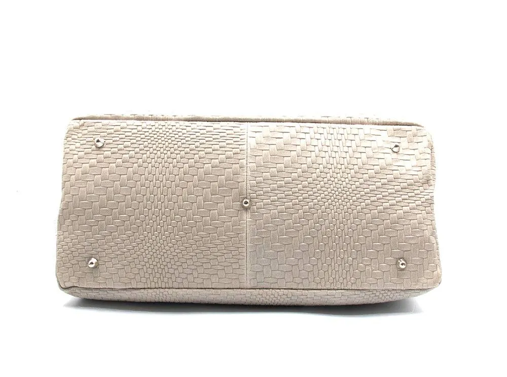 Woven Braided Pattern Cream Leather Large Handbag Handmade In Italy