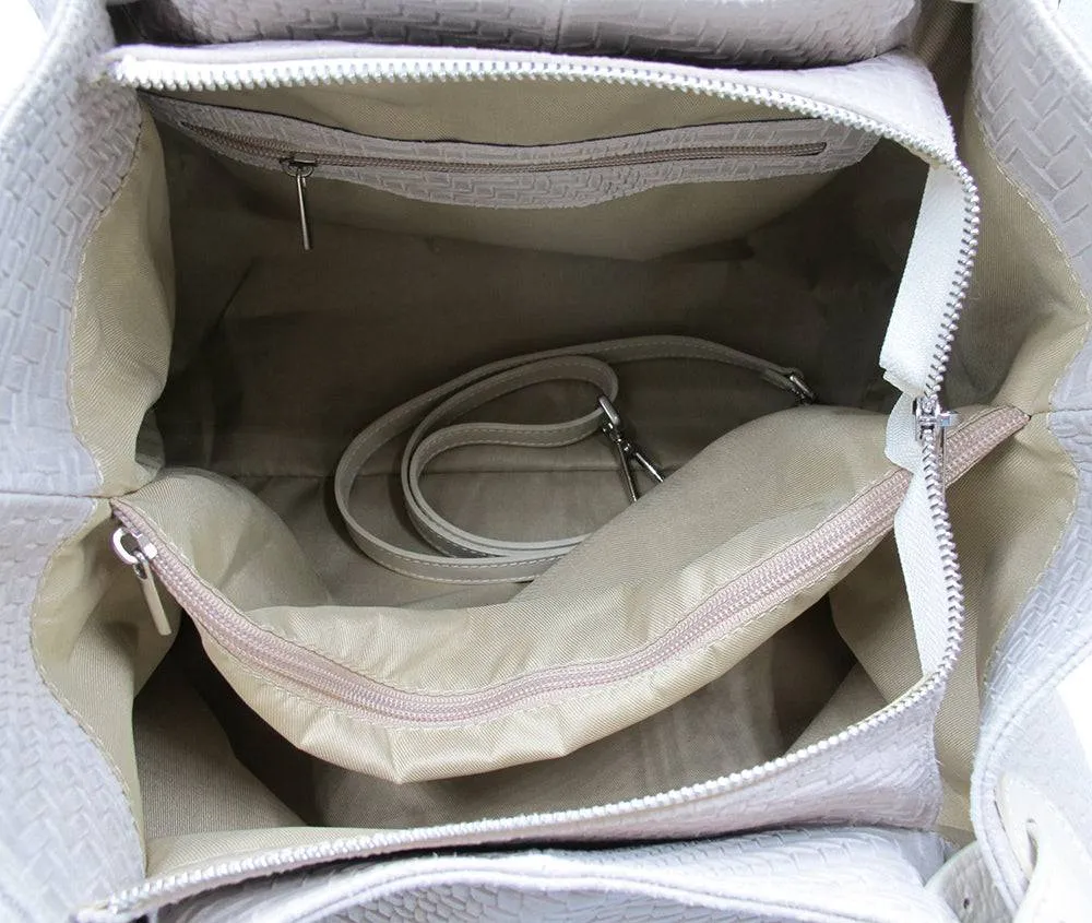 Woven Braided Pattern Cream Leather Large Handbag Handmade In Italy