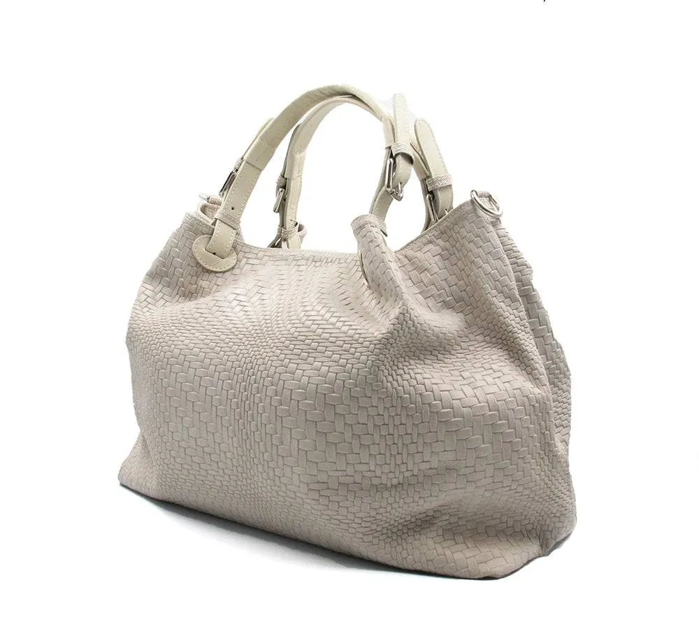 Woven Braided Pattern Cream Leather Large Handbag Handmade In Italy
